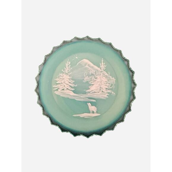 Fenton Blue Custard Uranium Glass Miniature Mountain Landscape Dated ‘83 Plate - Picture 3 of 7